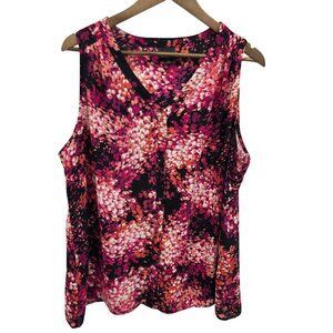 Worthington Womens Sleeveless V-Neck Top Blouse 1X Pink Black Floral Career Work